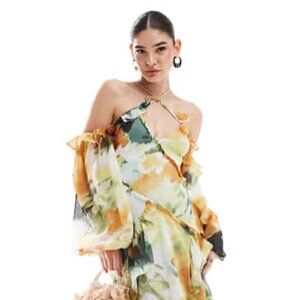 ASOS DESIGN cross neck cold shoulder maxi dress with ruffles (Size 10)